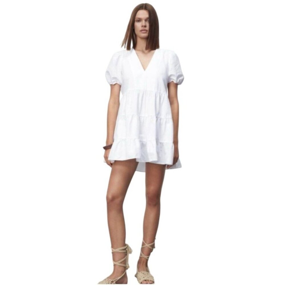 Zara White Mini Tiered V-Neck Puff Sleeve Dress